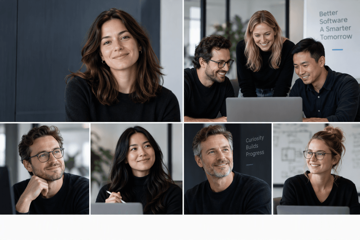 Collage mit Porträts und einem Team bei gemeinsamer Arbeit.